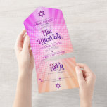Bat Mitzvah Retro Boho Roze Sinaasappel Gradient B All In One Uitnodiging<br><div class="desc">Wees trots, verheug je en laat deze mijlpaal van je favoriete Bat Mitzvah zien met deze leuke boho retro, aangepaste all-in-one uitnodiging voor een evenement om te onthouden. Hippe, trendy, gedurfde donkerroze en paarse typografie met moderne sans serif typografie overlay een achtergrond van pop licht sinaasappel en roze ombre gradiënt...</div>