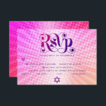 Bat Mitzvah Retro Boho Roze Sinaasappel Gradient E RSVP Kaartje<br><div class="desc">Wees trots, verheug je en laat deze mijlpaal van je favoriete Bat Mitzvah zien! Neem deze boho, retro, gepersonaliseerde RSVP-wisselkaart voor uw evenement op. Leuke, trendy, gedurfde donkerroze en paarse typografie met moderne sans serif typografie overlay een achtergrond van pop licht sinaasappel en roze ombre gradiënt stralen met witte stippen....</div>