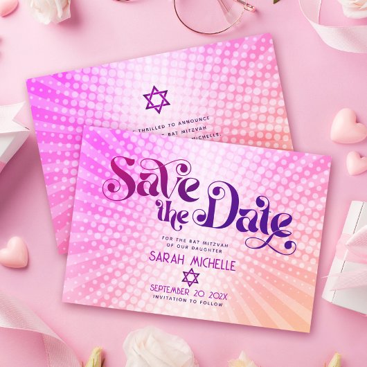 Bat Mitzvah Retro Roze Oranje Ombre Gradiënt Boho Save The Date