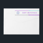 Bat Mitzvah Return Address Labels | PAARS   BLAUWG<br><div class="desc">, paarse en blauwgroen Ster van David omloop-rond de etiketten van het terugkeeradres die worden ontworpen om onze moderne Uitnodigingen van Bat Mitzvah aan te passen. De etiketten voorzien een Ster van David met paarse, blauwgroen, en zilveren accenten rond de woorden "Bar Mitzvah"en het terugkeeradres. Pas je eigen retouradres online...</div>