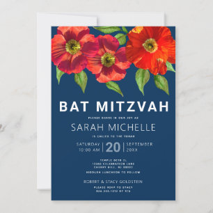 Bat Mitzvah Rode Waterverf Bloemen Marine Blauw Mo Kaart