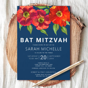Bat Mitzvah Rode Waterverf Bloemen Marine Blauw Mo Kaart