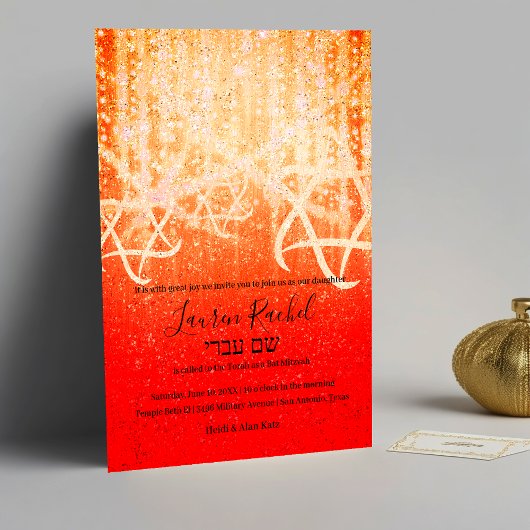 Bat Mitzvah Rood Sinaasappel Goud Extra Sparkly Kaart