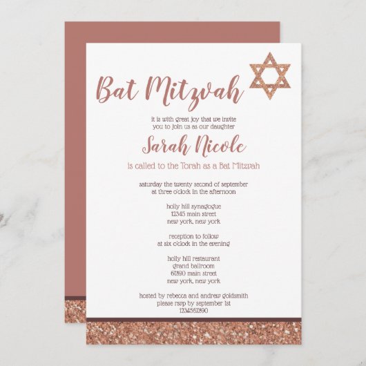 Bat Mitzvah Roos Gold Chic Elegant Faux Glitter Kaart (Voorkant / Achterkant)