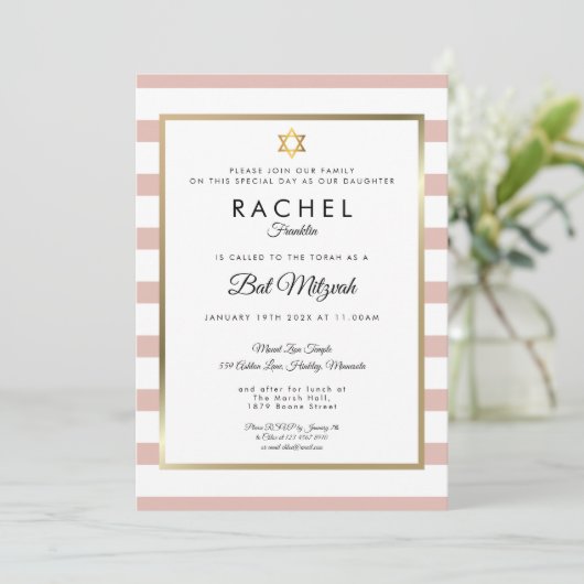 Bat Mitzvah Roos Gold en White Stripe Kaart (Staand voorkant)