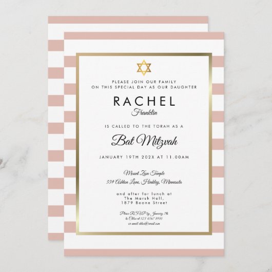 Bat Mitzvah Roos Gold en White Stripe Kaart (Voorkant / Achterkant)
