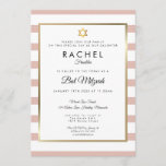 Bat Mitzvah Roos Gold en White Stripe Kaart<br><div class="desc">Deze elegante Bat Mitzvah-uitnodiging is voorzien van een elegante faux goudfolie-rand met een klassieke roos gouden streep,  die uw details in een chique typografie omschrijft. Ontworpen door: Thisnotme©</div>