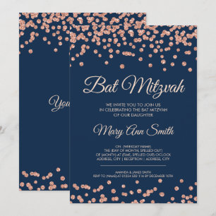 Bat Mitzvah Roos Gold Faux Glitter Confetti Navy Kaart