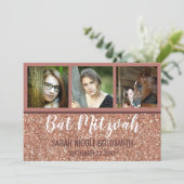 Bat Mitzvah Roos Gold Faux Glitter Fotocollage Kaart (Staand voorkant)