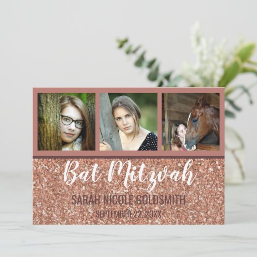 Bat Mitzvah Roos Gold Faux Glitter Fotocollage Kaart (Staand voorkant)