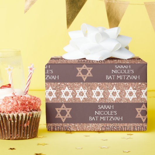 Bat Mitzvah Roos Gold Glitter Stripe Patroon Cadeaupapier (Verjaardagsfeest)