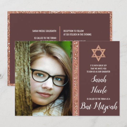 Bat Mitzvah Roos Gold Modern Photo Chic Glitter Kaart (Voorkant / Achterkant)