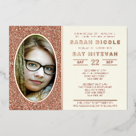 Bat Mitzvah Roos Gold Oval Photo Chic Roos Gold Folie Uitnodiging