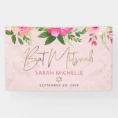 Bat Mitzvah Roze Bloemschildering Gouden Script Spandoek (Horizontaal)