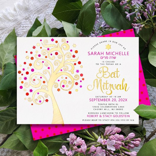 Bat Mitzvah Roze Boom des Levens Script Echte Goud Folie Uitnodiging