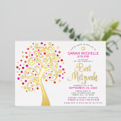 Bat Mitzvah Roze Boom des Levens Script Echte Goud Folie Uitnodiging (Staand Voorkant)