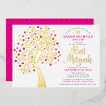 Bat Mitzvah Roze boom van het Echte Echte Manuscri Folie Uitnodiging<br><div class="desc">Wees trots, blij en toon deze mijlpaal van je favoriete Bat Mitzvah! Deze grafische echte gouden folie-boom met dunne roze, oranje en rode ster van David en puntige "bladeren" op een witte achtergrond is de perfecte uitnodiging voor deze speciale gelegenheid. Een kleine, donkerrode ster van David-patroon met een warm roze...</div>