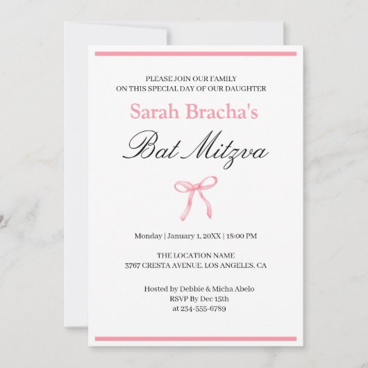 Bat Mitzvah Roze Coquette Waterverf Bow Kaart (Voorkant)