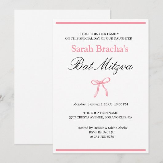 Bat Mitzvah Roze Coquette Waterverf Bow Kaart (Voorkant / Achterkant)