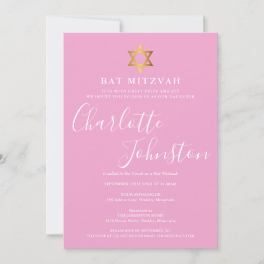 Bat Mitzvah Roze Elegante Script Kaart (Voorkant)