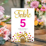 Bat Mitzvah Roze en Gouden Folie Boom van het Leve Kaart<br><div class="desc">Geen Bat Mitzvah feest is compleet zonder gepersonaliseerde tafelnummerkaarten. Laat je favoriete Bat Mitzvah trots zijn, juich haar toe en vier haar mijlpaal op haar perfect gecoördineerde feest. Deze verfijnde, chique, verbluffende, abstracte grafische faux gouden folie met fonkelend roze, sinaasappel en rode davidster en stip "bladeren" en hete roze tafelnummer...</div>