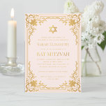Bat Mitzvah  Roze Faux Gold Star Religieus Kaart<br><div class="desc">Deze elegante roze en gouden bat mitswa-uitnodiging met een lucht heeft een faux gouden folie lijst met elegante barokke gouden versieringen op een blozend roze achtergrond. Boven de tekst staat een davidster in de folie van faux gold. Behalve de gelegenheid "Bat Mitswa", die ook in nepgoud is, kan alle tekst...</div>