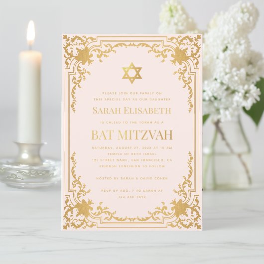 Bat Mitzvah  Roze Faux Gold Star Religieus Kaart