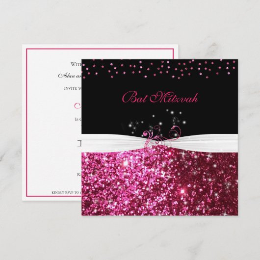 Bat Mitzvah Roze Glitter Wit Satijn Kaart (Voorkant / Achterkant)