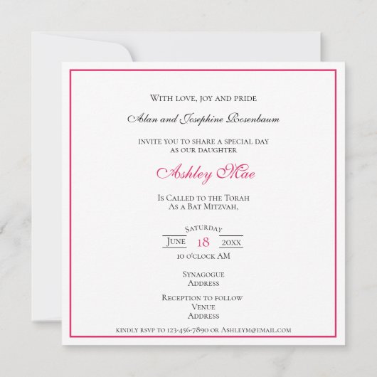 Bat Mitzvah Roze Glitter Wit Satijn Kaart (Achterkant)