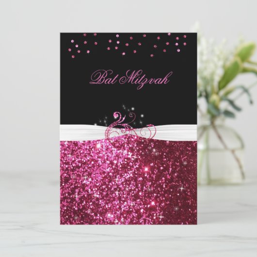 Bat Mitzvah, Roze Glitters, Op Maat Gemaakte Uitno Kaart (Staand voorkant)