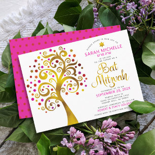 Bat Mitzvah Roze Goud Folie Script Boom des Levens Kaart