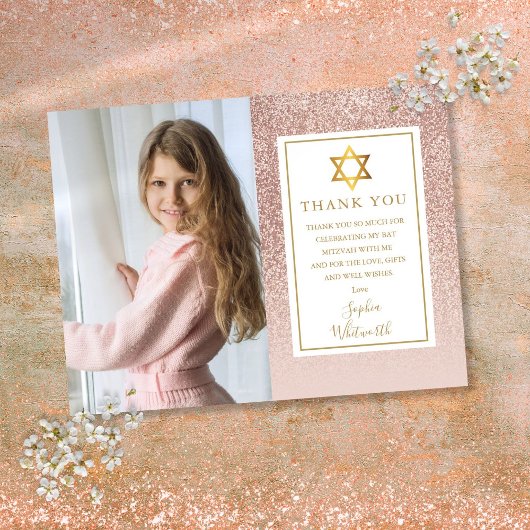 Bat Mitzvah Roze Goud Glitter Foto Bedankt Briefkaart
