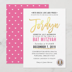 BAT MITZVAH  roze gouden script JORDYN Kaart