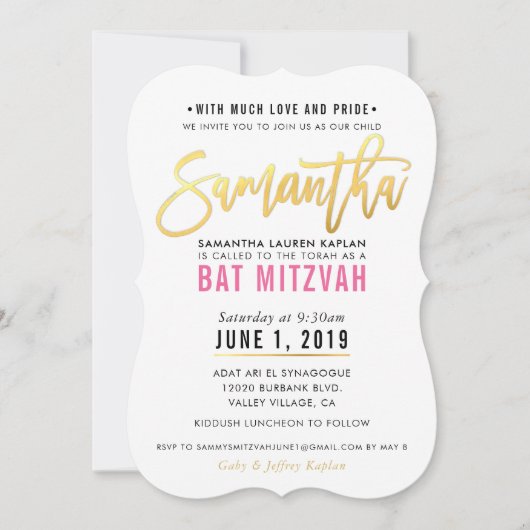 BAT MITZVAH roze gouden script SAMANTHA Kaart (Voorkant)
