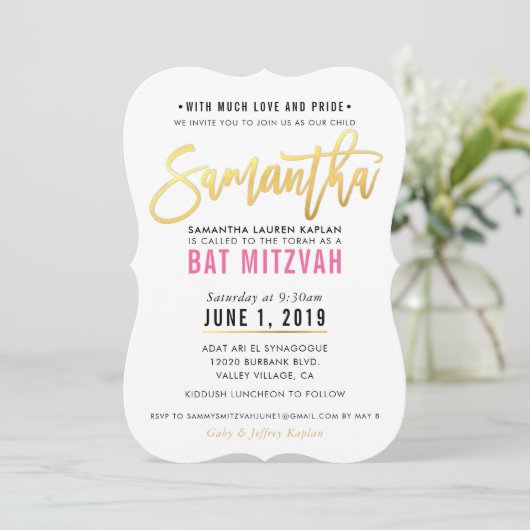 BAT MITZVAH roze gouden script SAMANTHA Kaart (Staand voorkant)
