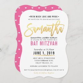 BAT MITZVAH  roze gouden script SAMANTHA Kaart