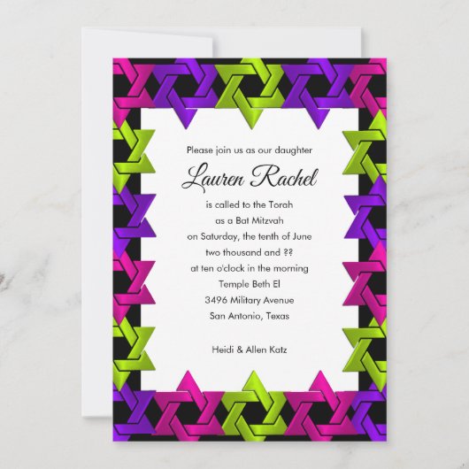 Bat Mitzvah roze groene Paarse ster op elke kleur Kaart (Voorkant)