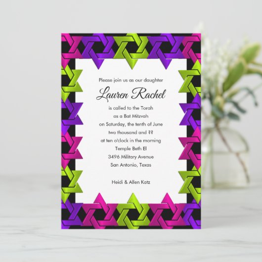 Bat Mitzvah roze groene Paarse ster op elke kleur Kaart (Staand voorkant)