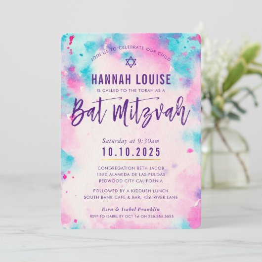 BAT MITZVAH roze paarse waterverf gouden script Kaart (Staand voorkant)