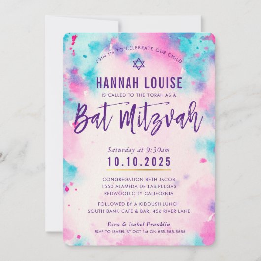 BAT MITZVAH roze paarse waterverf gouden script Kaart (Voorkant)