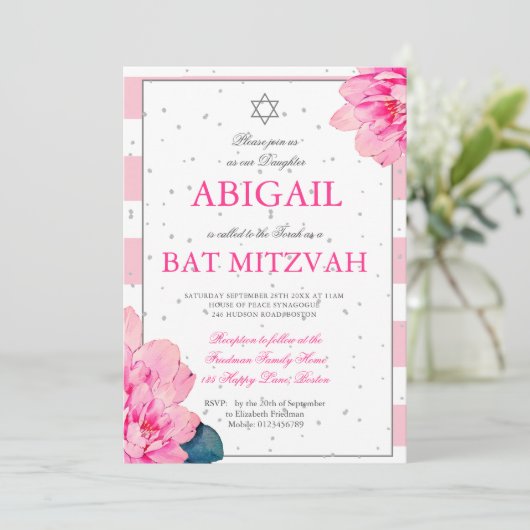 Bat Mitzvah roze Roses Hebreeuws Silver Uitnodigin Kaart (Staand voorkant)