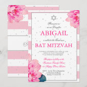 Bat Mitzvah roze Roses Hebreeuws Silver Uitnodigin Kaart (Voorkant / Achterkant)