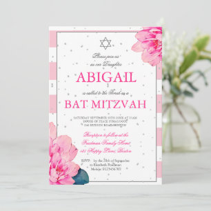 Bat Mitzvah roze Roses Hebreeuws Silver Uitnodigin Kaart