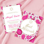 Bat Mitzvah Roze Ster van David Moderne Uitnodigin Kaart<br><div class="desc">Stel de scène in voor een moderne themafeestje. Roze is de achtergrondkleur voor dit paisley elegante custom Bat Mitzvah ontwerp. Wijzig eenvoudig de informatie voor uw eigen aangepaste uitnodiging. Uit een reeks aangepaste briefpapieren van Chessie's Fine Design.</div>