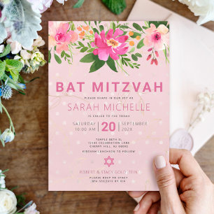 Bat Mitzvah Roze Waterverf Bloem Moderne Eenvoud Kaart