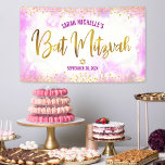 Bat Mitzvah roze waterverf girale folie script Spandoek<br><div class="desc">Wees trots, blij en toon deze mijlpaal van je favoriete Bat Mitzvah! Hang deze verbluffende, moderne, stijlvolle, gepersonaliseerde banner op om haar speciale dag aan te vullen. Het spaarzame, gouden faux folie kalligrafiemanuscript en glitter stippen bekleden een zachte roze achtergrond van de waterverf. Personaliseer de douanetekst met de naam en...</div>