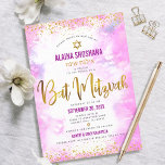 Bat Mitzvah roze waterverf Gold folie script girly Kaart<br><div class="desc">Wees trots, blij en toon deze mijlpaal van je favoriete Bat Mitzvah! Verzend dit verbluffende, moderne, dunne gouden faux folie en glitter stippen en typografische manuscript tegen een zacht roze achtergrond van de waterverf, gepersonaliseerde uitnodiging voor een gebeurtenis om zich te herinneren. Personaliseer de douanetekst met de naam van uw...</div>