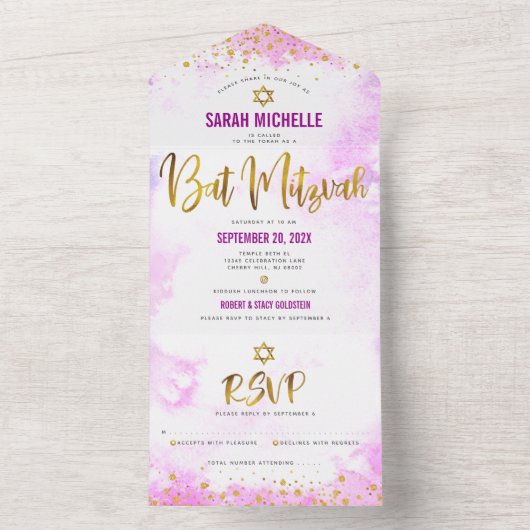 Bat Mitzvah roze waterverf gouden schrift modern All In One Uitnodiging (Binnen)