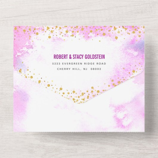 Bat Mitzvah roze waterverf gouden schrift modern All In One Uitnodiging (Achterkant)