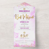 Bat Mitzvah roze waterverf goudschrift modern All In One Uitnodiging (Binnen)